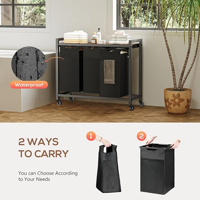 Laundry Hamper with 3 Pull-Out Removable Laundry Bags, Rolling Laundry Sorter - Image 7