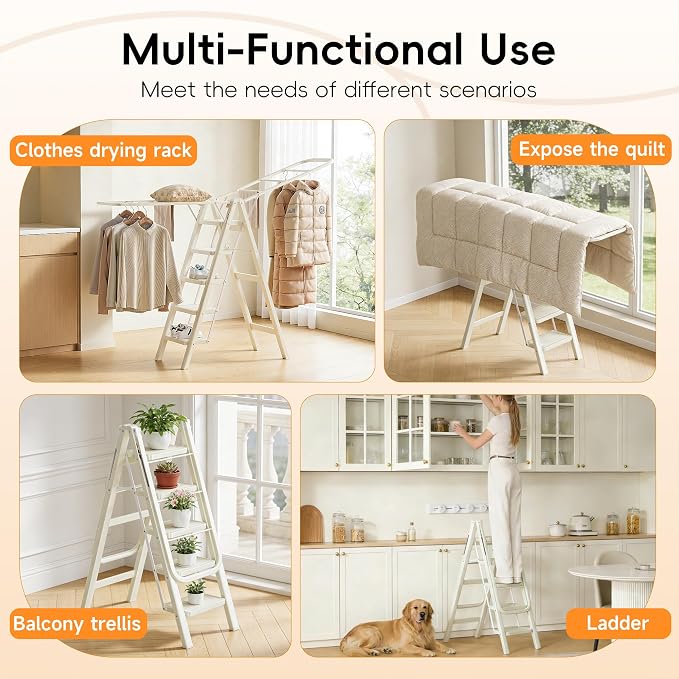 Floor Standing Clothes Drying Rack, 5 Step Folding Ladder, 3-in-1 Collapsible - Image 7