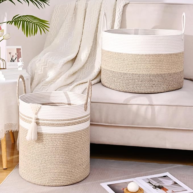 Laundry Hamper for Organizing, 52L Tall Laundry Baskets, Cotton Rope Woven - Image 3