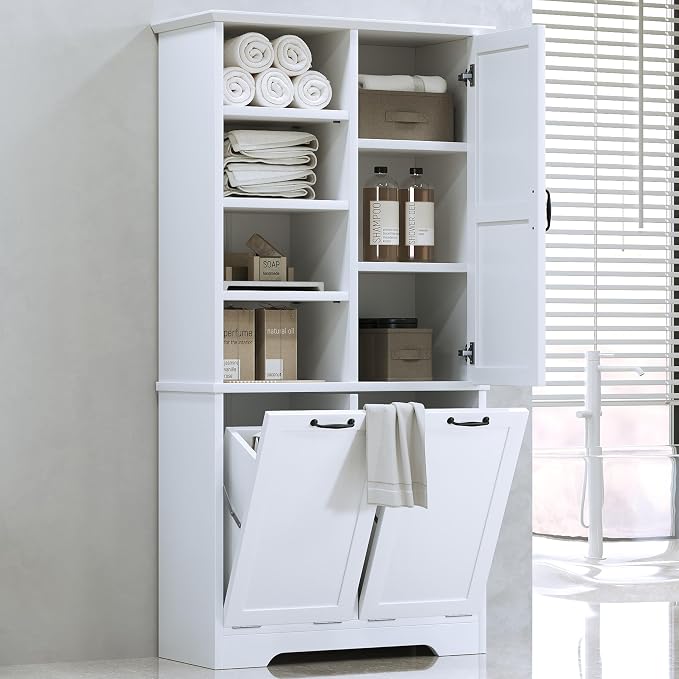 Merax Cabinet with Tilt-Out Laundry Hamper Basket, Tall Bathroom Storage by Merax