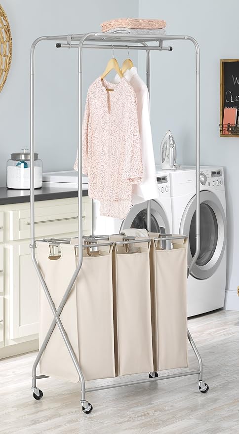 Whitmor Garment Rack Removable Bags-Tan, Triple SORTER Laundry Center - Image 2