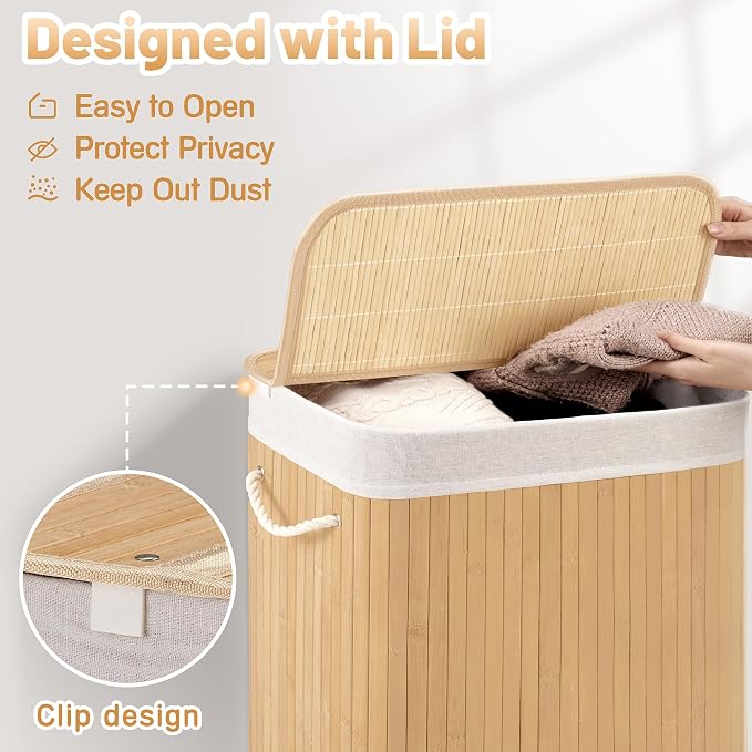 72L Slim Laundry Hamper with Lid, Foldable Bamboo Clothes Laundry Basket with - Image 6