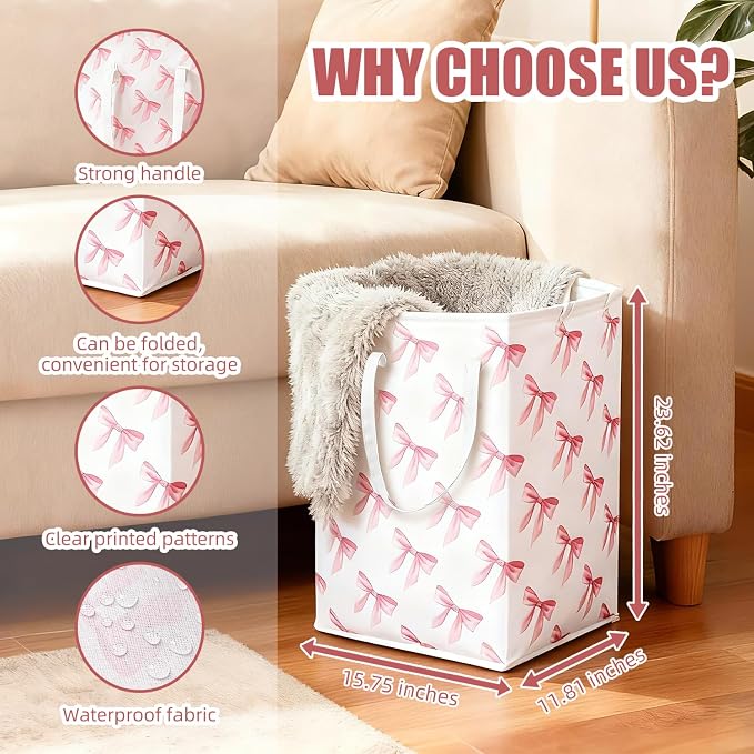 Pink Laundry Basket with Bow, Coquette Pink Laundry Hamper - Image 2