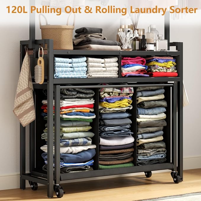 Laundry Sorter Hamper with Hanging Cloth Rack, Laundry Basket with 3 Section - Image 5