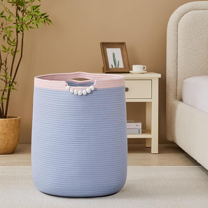 90L Large Blue Woven Rope Laundry Hamper Basket - Image 4