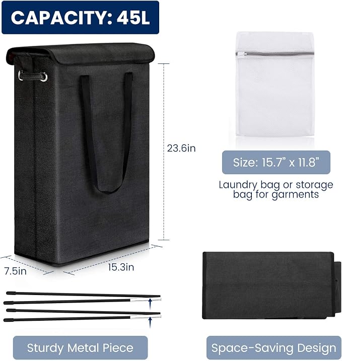 Slim Laundry Basket with Lid, Tall Thin Laundry Hamper with Handles, Waterproof - Image 4