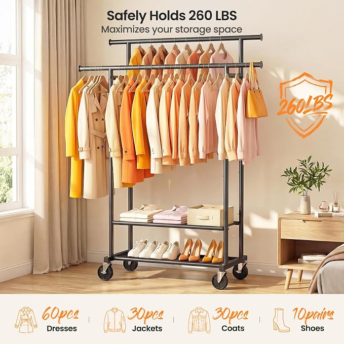 Double Rods Clothes Rack, Rolling Clothing Rack - Image 2