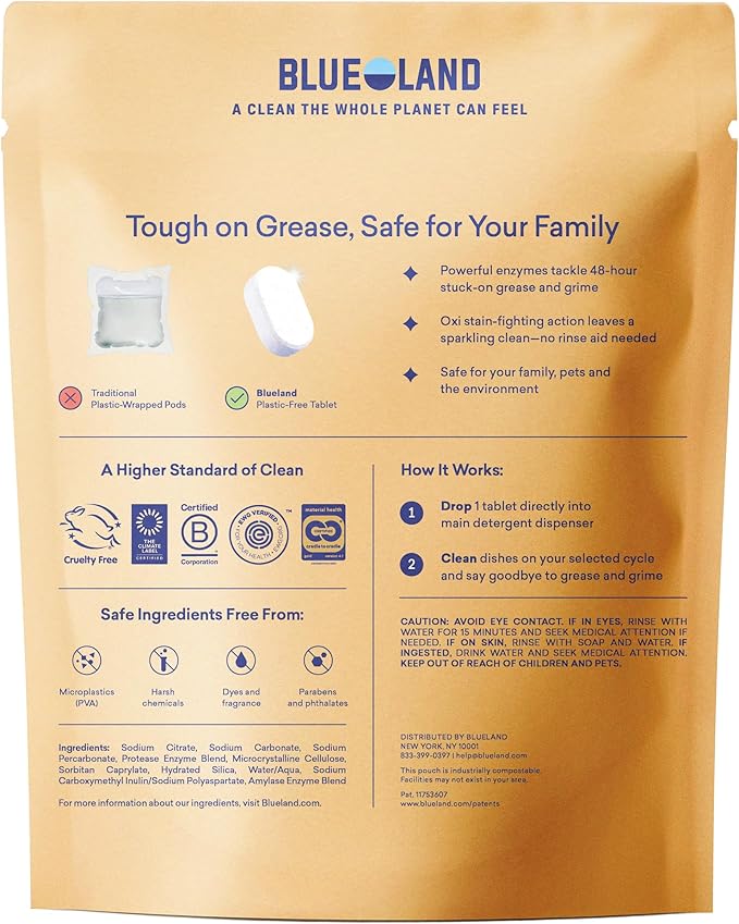 BLUELAND 100% Plastic-Free Dishwasher Detergent Tablets, Free & Clear, - Image 2