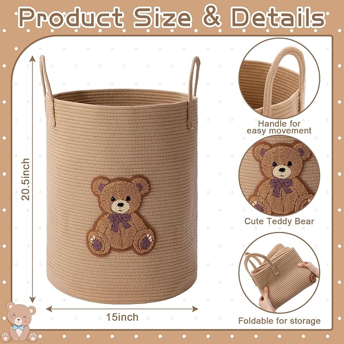 LemonRoad Bear Laundry Hamper Large Cotton Rope Storage Basket Woven Storage - Image 3