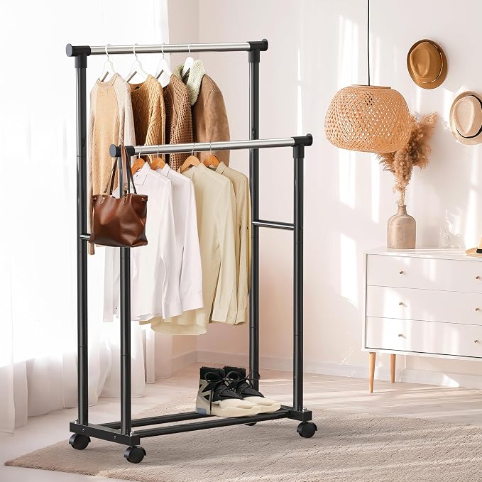 Simple Houseware Double Rod Portable Clothing Hanging Garment Rack - Image 2