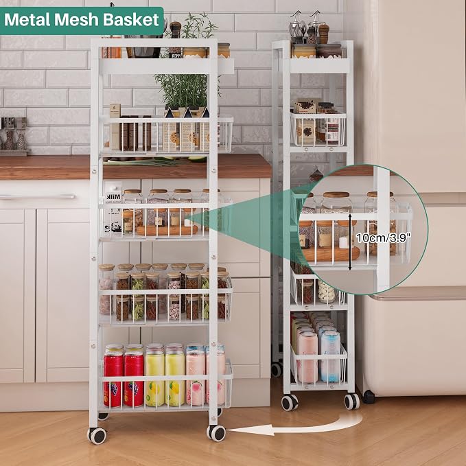 5-Tier Slim Storage Cart with Pull Out Basket, Lockable Wheels, Mobile Utility - Image 5