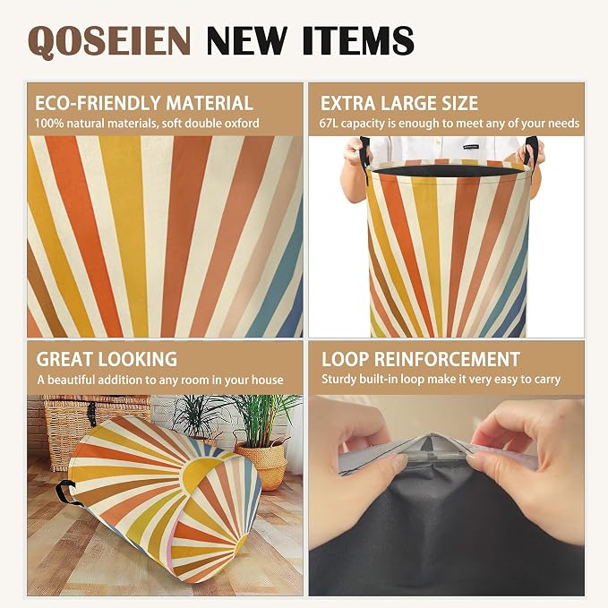 Colorful Boho Laundry Basket, Sunrise Rainbow Collapsible Laundry Baskets - Image 2