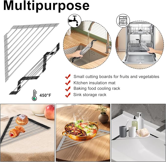 4Pcs Triangle Dish Drying Rack for Sink Corner Stainless Steel Roll-Up Dish - Image 6