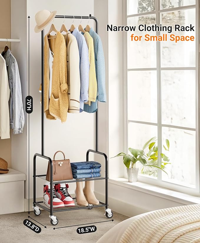 AOODA Small Clothes Rack with Shelves, Metal Sturdy Rolling Clothing Racks - Image 2