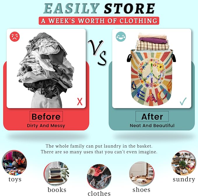 Retro Colorful Hippie Peace Laundry Basket Foldable - Image 3