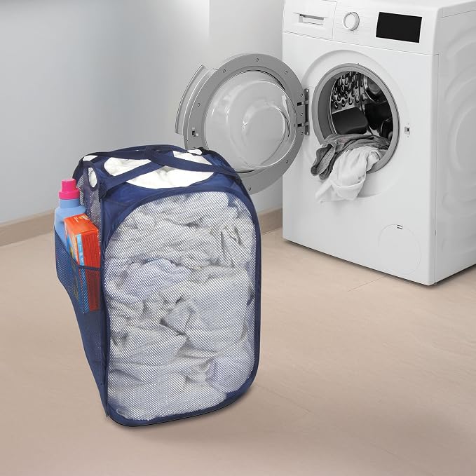 Smart Design Deluxe Mesh Pop Up Square Laundry Hamper w/ Side Pocket & Handles - Image 3