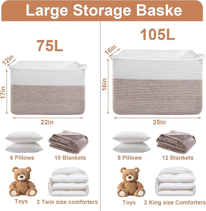 105L XXXL Large Blanket Basket, Rectangular Cotton Rope Basket, Laundry Hamper - Image 2