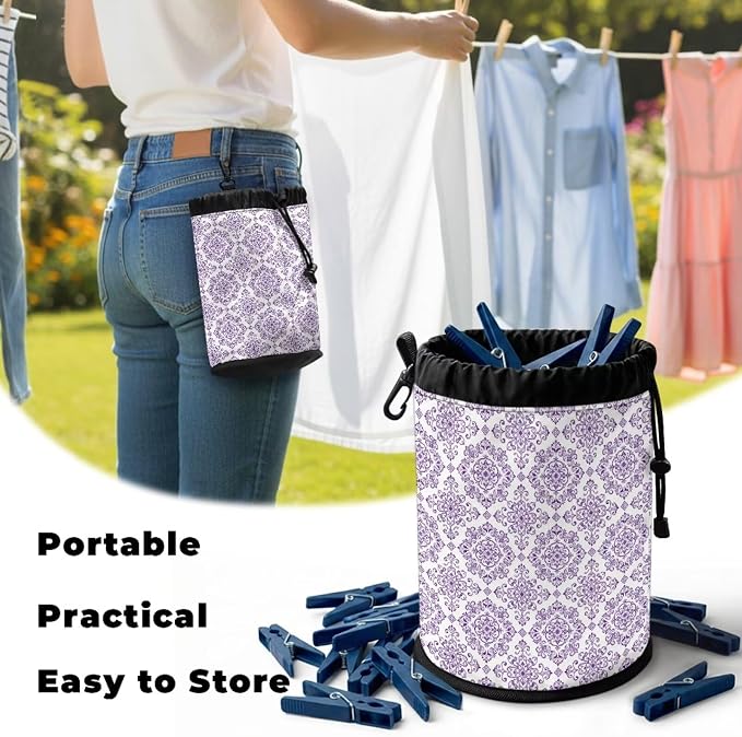 Clothespin Bag Holder Purple Damask Pattern Hanging Clothespin Bag - Image 5