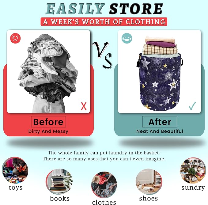Stars Print Blue Jean Design Laundry Basket Foldable Funny Laundry Hamper - Image 3
