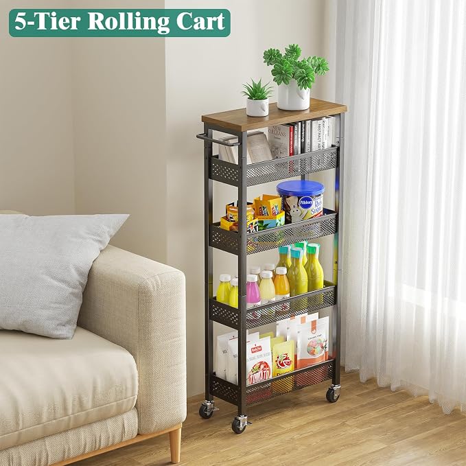 Giwil Slim Storage Cart 5 Tier Narrow Kitchen Rolling Cart on Wheels - Image 7