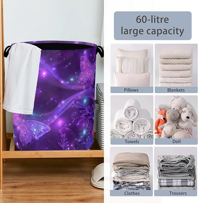 Purple Butterfly Laundry Hamper, Sparkling Dirty Clothes Laundry Basket - Image 6
