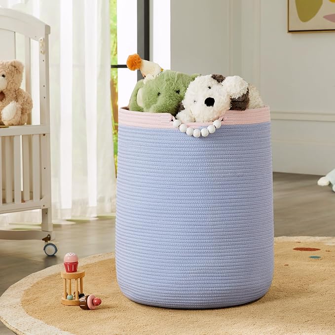 90L Large Blue Woven Rope Laundry Hamper Basket - Image 2