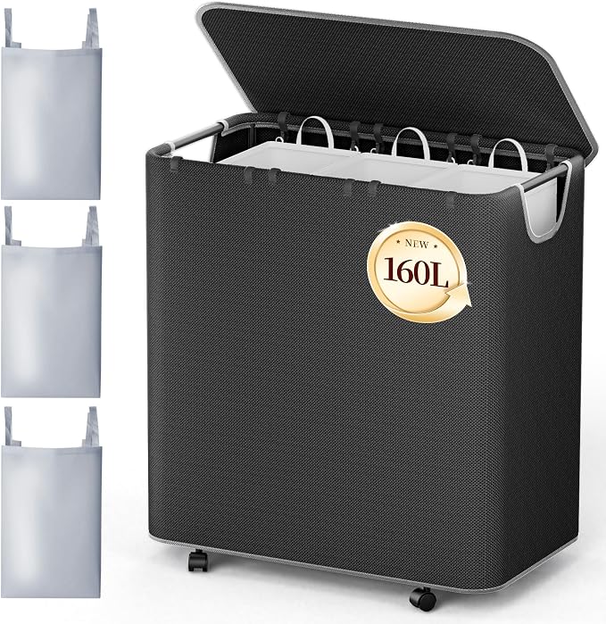 LAMU 160L Laundry Hamper with Wheels, Large Capacity 3 Section Dirty Clothes by YourHome-OrganizationHelper