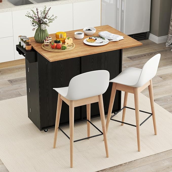 Rolling Kitchen Island with Trash Can Storage Cabinet, Drop Leaf Breakfast Bar - Image 3