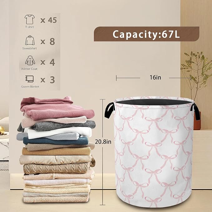 Cute Pink Bows Collapsible Laundry Baskets, Laundry Hamper, Storage Basket - Image 3