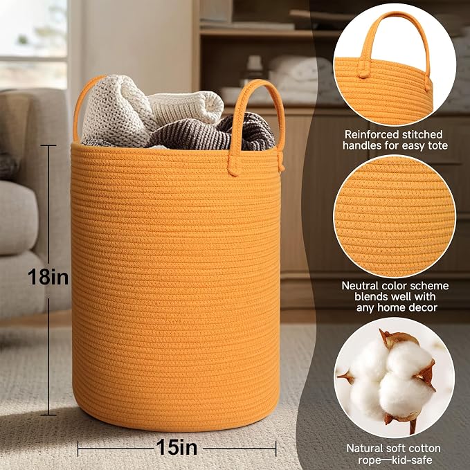 Large Orange Laundry Basket, XL Cotton Rope Toy Bin - Image 2