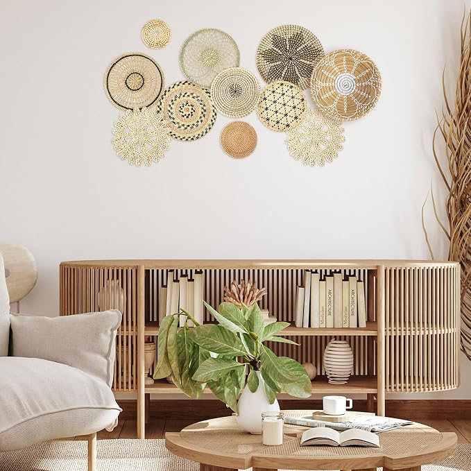 Tatuo 11 Pcs Boho Wall Basket Decor Decorative Bulrush Woven Basket Wall Decor - Image 5