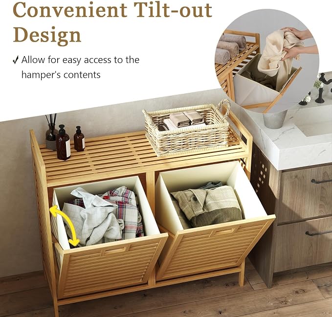 Bamboo Laundry Hamper, 75L Double Tilt-Out Laundry Basket - Image 8