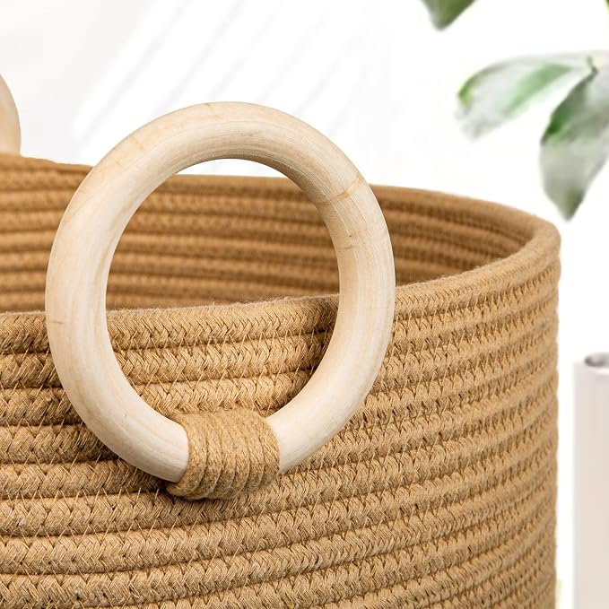 Jute Large Woven Laundry Basket Hamper, 60L Cotton Rope Storage Bin - Image 4