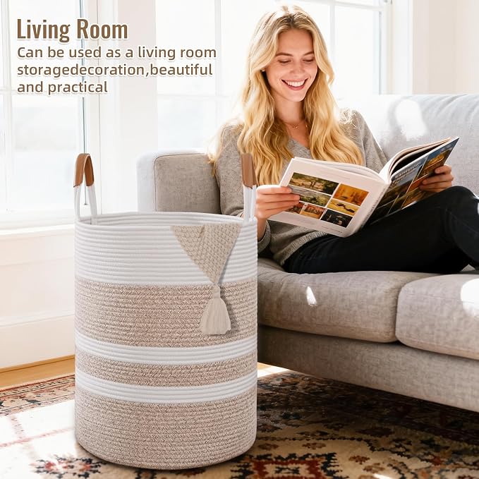 90L Striped Laundry Basket, Woven Cotton Rope Storage Bin - Image 3