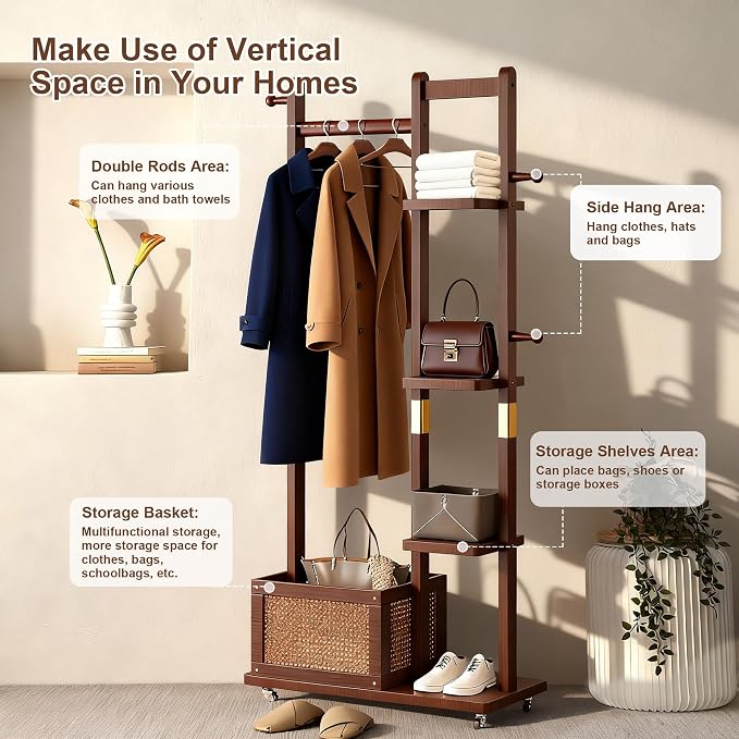Solid Wood Clothes Rack with Wheels, Freestanding Coat Rack with 4 Shelves - Image 4
