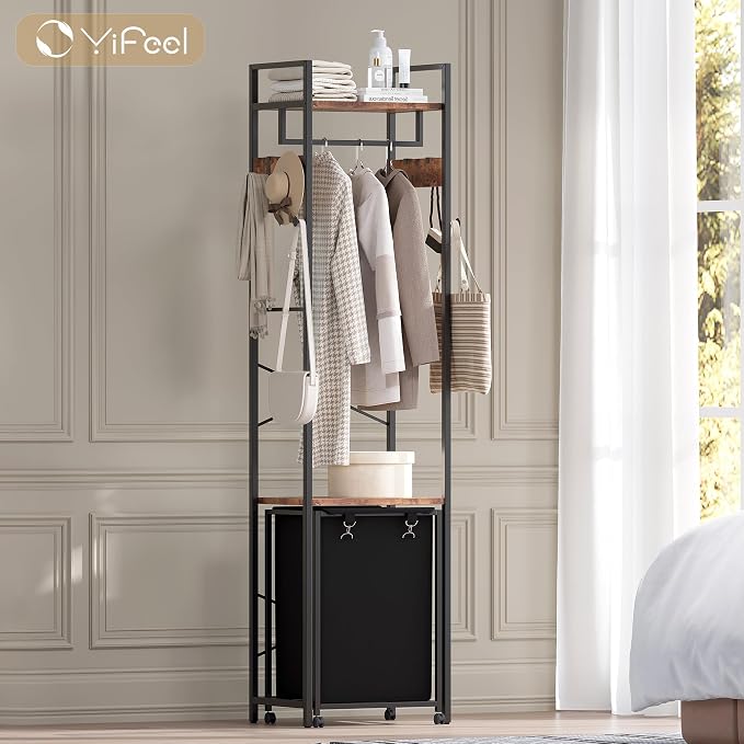 Coat Rack with Laundry Basket, Laundry Hamper Freestanding Hall Tree, Clothes - Image 2