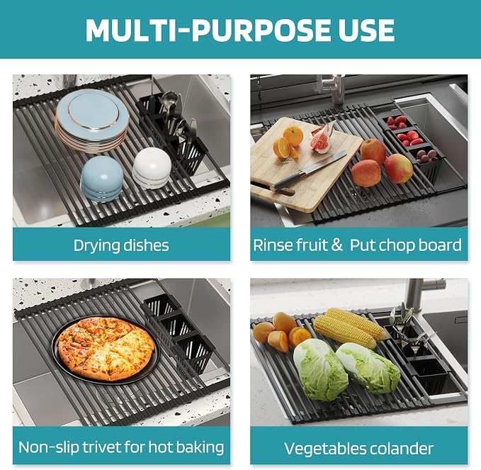 Roll Up Dish Drying Rack, Silicone Wrapped Over The Sink Multipurpose Foldable - Image 6
