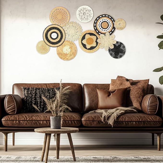 Tatuo 11 Pcs Boho Wall Basket Decor Decorative Bulrush Woven Basket Wall Decor - Image 2