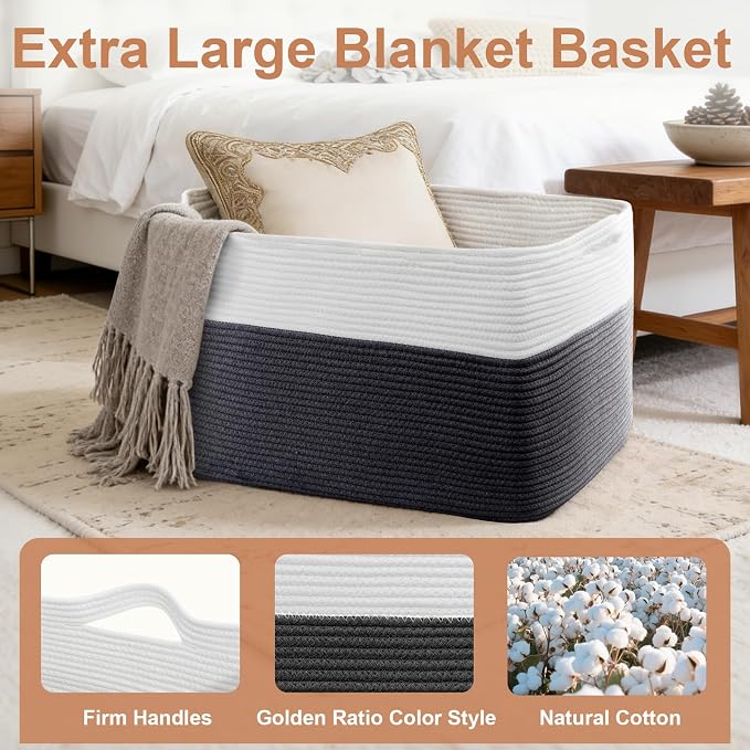 105L XXXL Large Blanket Basket, Rectangular Cotton Rope Basket, Laundry Hamper - Image 3