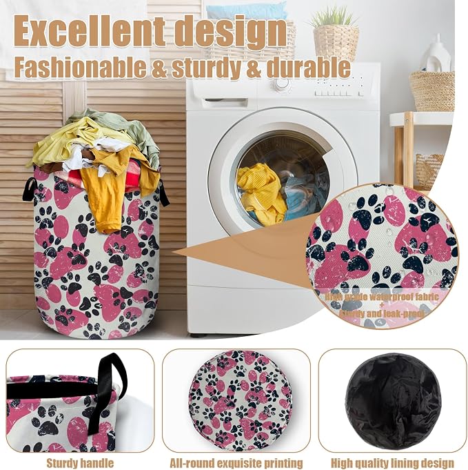 Pink Paw Print Laundry Basket, Foldable Waterproof Laundry Hamper Tote Bag - Image 4