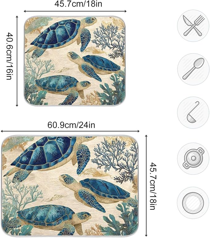 Watercolor Sea Turtle Swimming Pattern Dish Drying Mat Super Absorbent Drying - Image 3