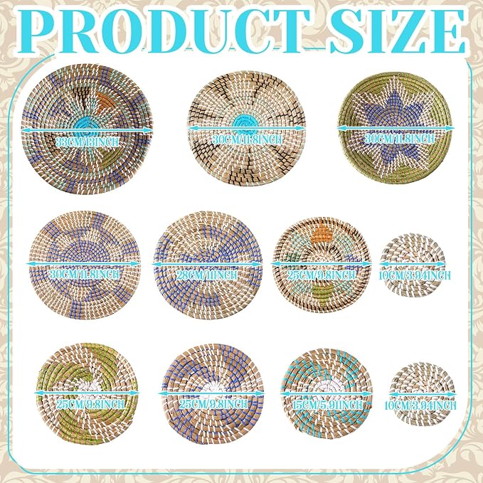 Tatuo 11 Pcs Boho Wall Basket Decor Decorative Bulrush Woven Basket Wall Decor - Image 3