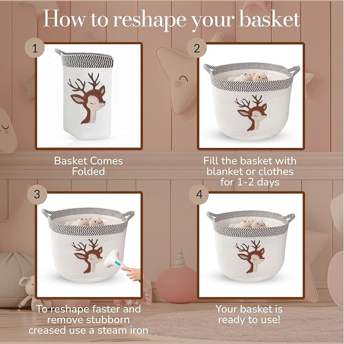 Deer Storage Basket for Nursery – Large 15”x11” Cotton Rope Bin - Image 7
