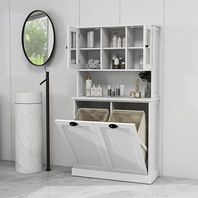 Tall Tilt-Out Double Doors Laundry Cabinet Hamper, Large Pull Out Laundry Room by OQSC