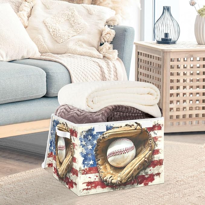 Storage Bin with Lid American Flag Baseball Gloves Storage Box Basket Large - Image 5