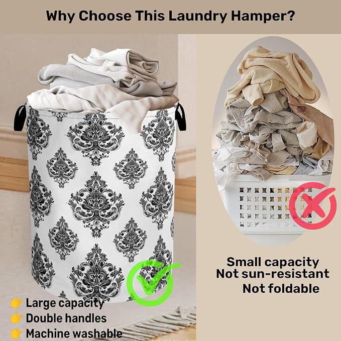Black White Damask Flower Foldable Laundry Hamper - Image 3