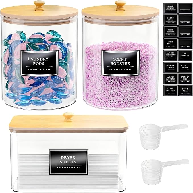 2+1 Pack Glass Laundry Pods Container & Acrylic Dryer Sheet Holder, Powder by Unknown