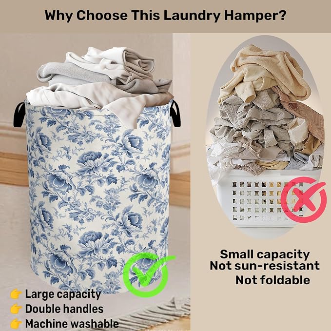 Beige Navy Blue Floral Laundry Basket - Image 3