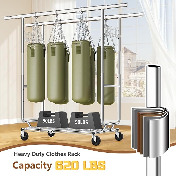 Hoctieon 2-Minute Assembly Double Rod Clothes Rack, Heavy Duty Rolling Clothing - Image 5