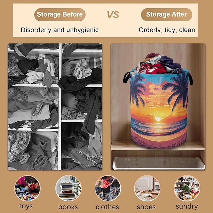 Laundry Hamper, Tropical Palm Laundry Basket, Sunset Sea Beach Waterproof - Image 5